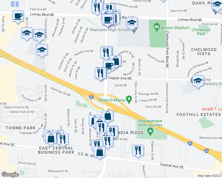 map of restaurants, bars, coffee shops, grocery stores, and more near 601 Paisano Street Northeast in Albuquerque