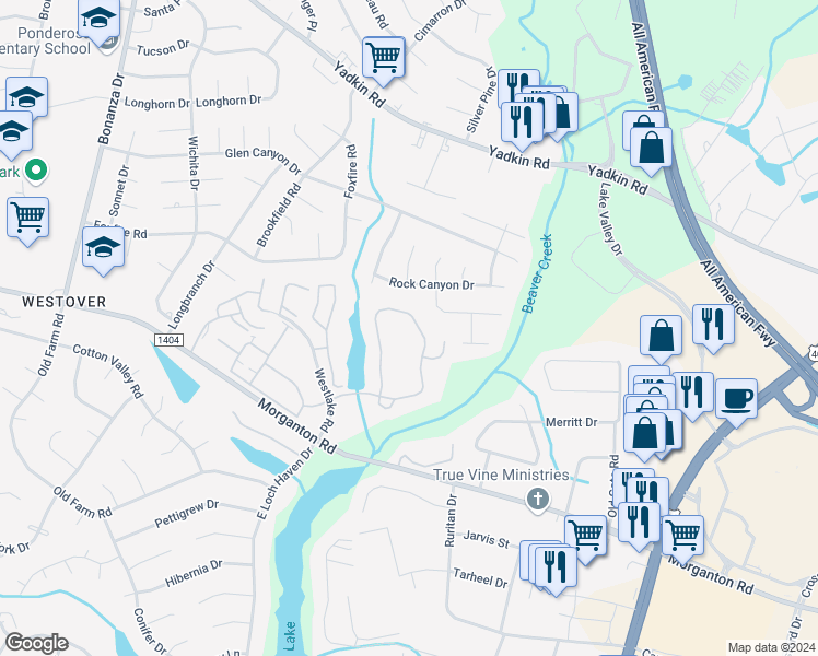 map of restaurants, bars, coffee shops, grocery stores, and more near 264 Waterdown Drive in Fayetteville