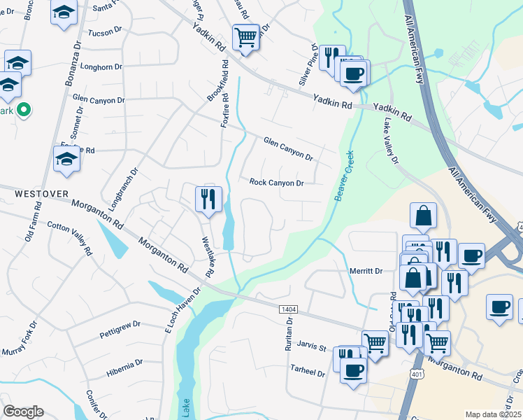map of restaurants, bars, coffee shops, grocery stores, and more near 264 Waterdown Drive in Fayetteville