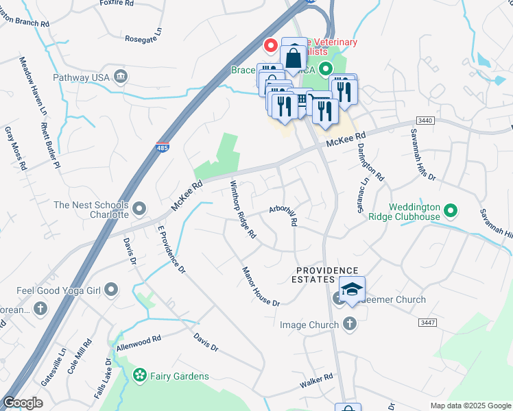 map of restaurants, bars, coffee shops, grocery stores, and more near 3016 Mannington Drive in Charlotte