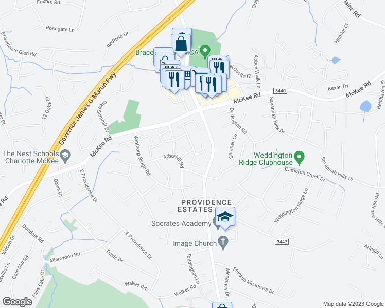 map of restaurants, bars, coffee shops, grocery stores, and more near 2138 McKenzie Creek Drive in Charlotte