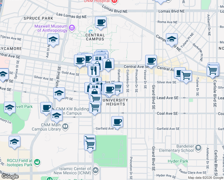 map of restaurants, bars, coffee shops, grocery stores, and more near 221 Cornell Drive Southeast in Albuquerque
