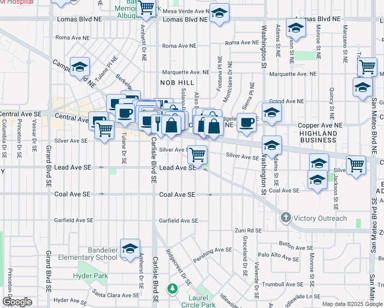 map of restaurants, bars, coffee shops, grocery stores, and more near 3801 Lead Avenue Southeast in Albuquerque