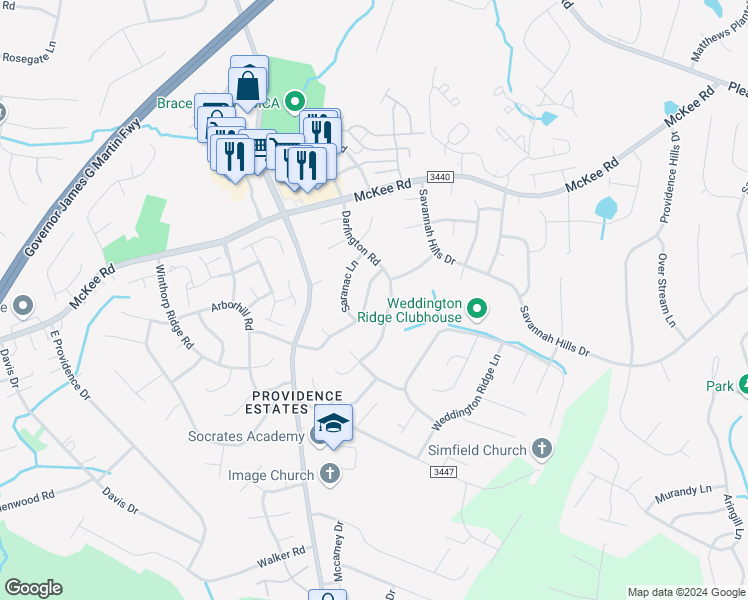 map of restaurants, bars, coffee shops, grocery stores, and more near 6728 Fieldstone Manor Drive in Matthews