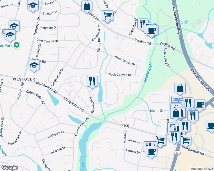 map of restaurants, bars, coffee shops, grocery stores, and more near 224 Waterdown Drive in Fayetteville