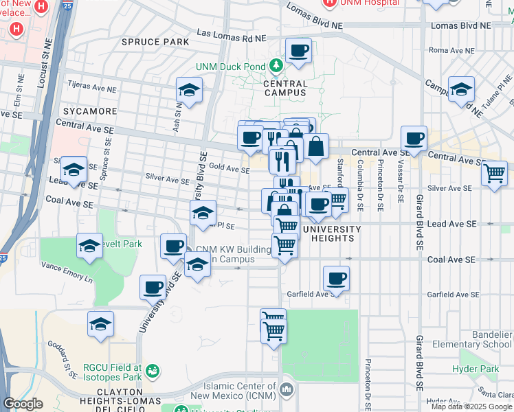 map of restaurants, bars, coffee shops, grocery stores, and more near 2111 Lead Avenue Southeast in Albuquerque