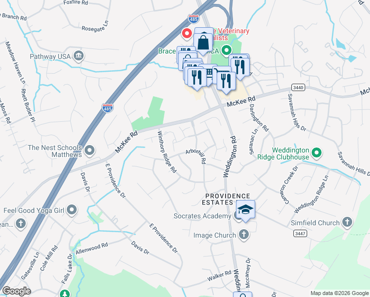 map of restaurants, bars, coffee shops, grocery stores, and more near 3168 Mannington Drive in Charlotte
