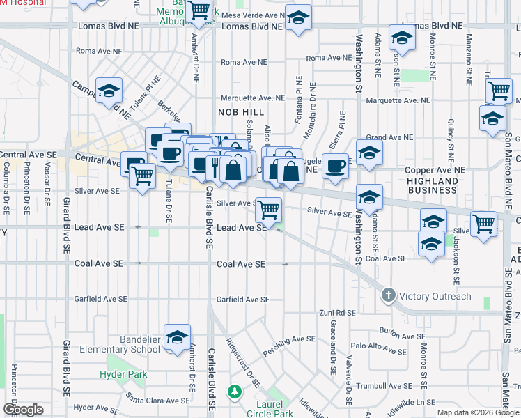 map of restaurants, bars, coffee shops, grocery stores, and more near 3801 Lead Avenue Southeast in Albuquerque