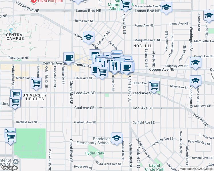map of restaurants, bars, coffee shops, grocery stores, and more near 224 Wellesley Drive Southeast in Albuquerque