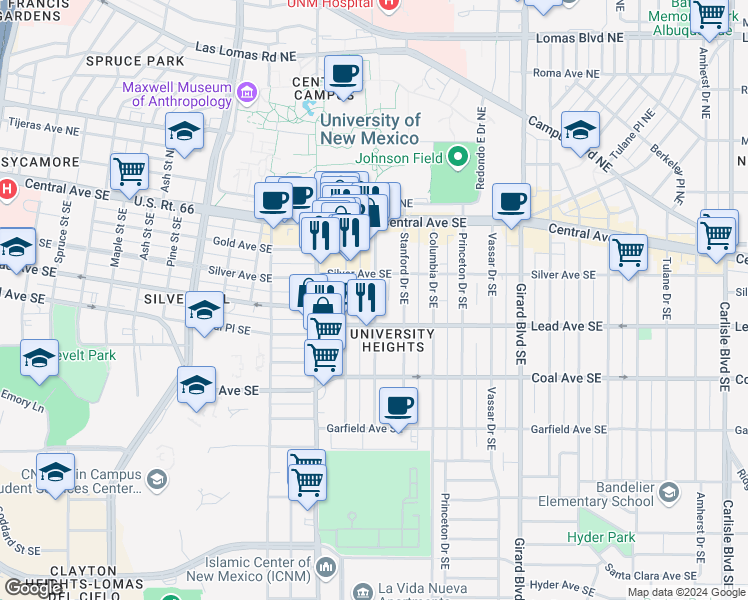 map of restaurants, bars, coffee shops, grocery stores, and more near 221 Cornell Drive Southeast in Albuquerque
