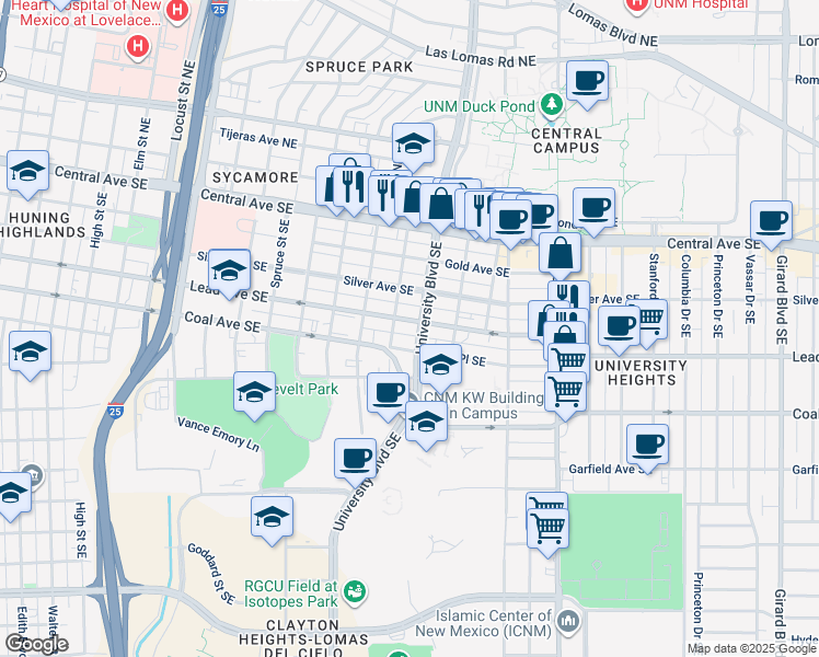 map of restaurants, bars, coffee shops, grocery stores, and more near in Albuquerque