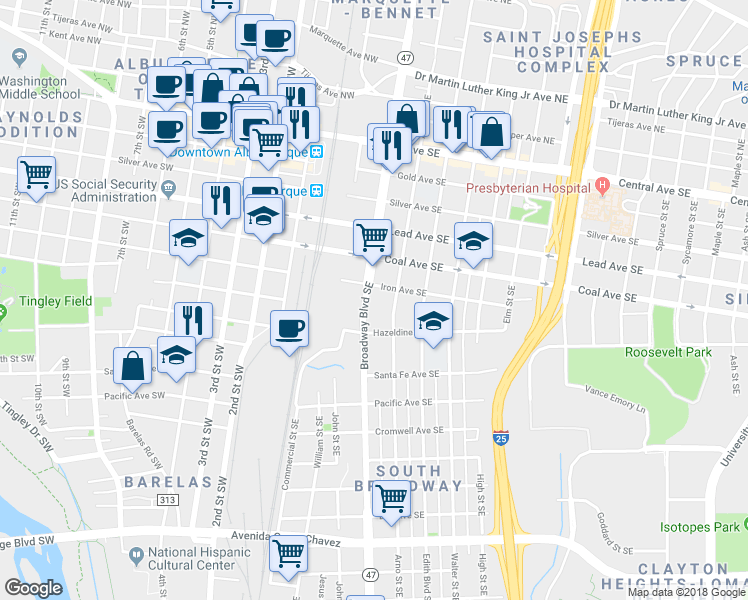 map of restaurants, bars, coffee shops, grocery stores, and more near 628 Broadway Boulevard Southeast in Albuquerque