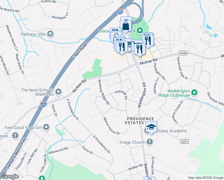 map of restaurants, bars, coffee shops, grocery stores, and more near 2103 Winthorp Ridge Road in Charlotte