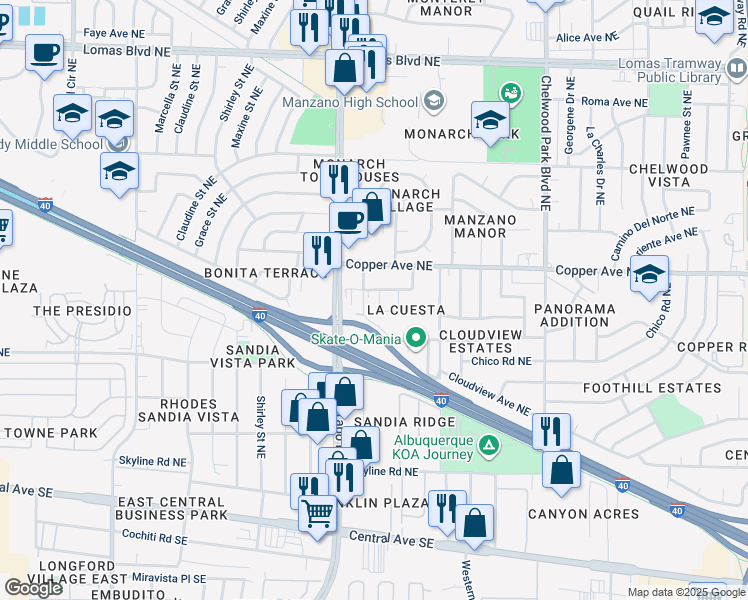 map of restaurants, bars, coffee shops, grocery stores, and more near 450 Paisano Street Northeast in Albuquerque