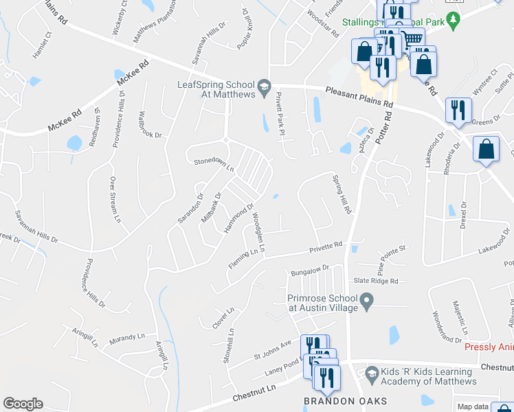 map of restaurants, bars, coffee shops, grocery stores, and more near 1217 Hammond Drive in Stallings