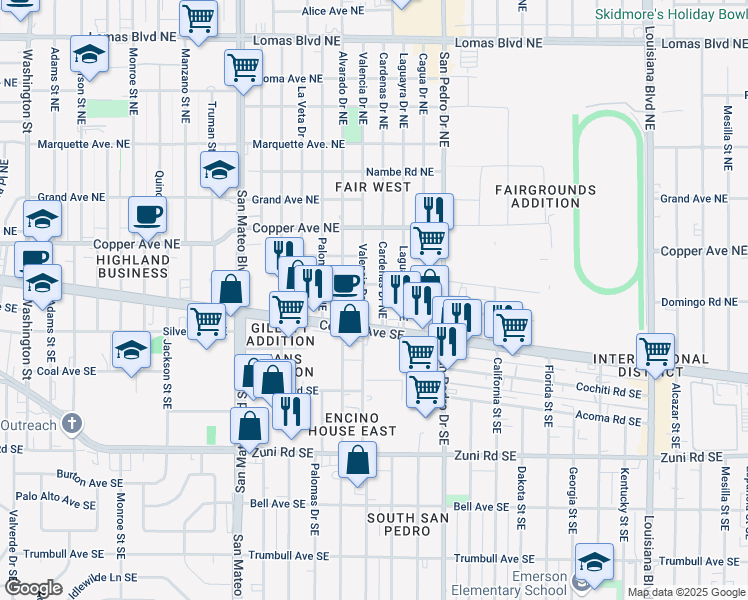 map of restaurants, bars, coffee shops, grocery stores, and more near 121 Cardenas Drive Northeast in Albuquerque