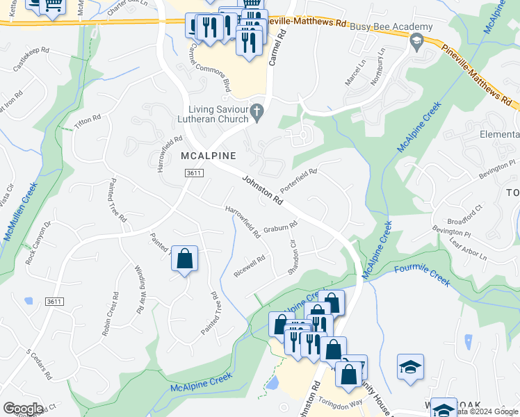 map of restaurants, bars, coffee shops, grocery stores, and more near 7024 Hildreth Court in Charlotte