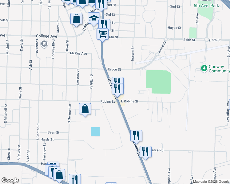 map of restaurants, bars, coffee shops, grocery stores, and more near 112 Harkrider Street in Conway