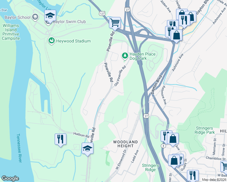 map of restaurants, bars, coffee shops, grocery stores, and more near 241 McKeel Lane in Chattanooga