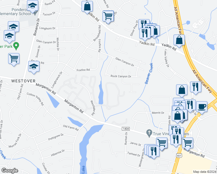 map of restaurants, bars, coffee shops, grocery stores, and more near 224 Waterdown Drive in Fayetteville