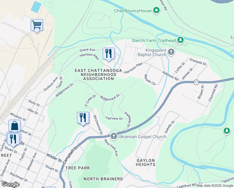 map of restaurants, bars, coffee shops, grocery stores, and more near 3614 Parkway Drive in Chattanooga