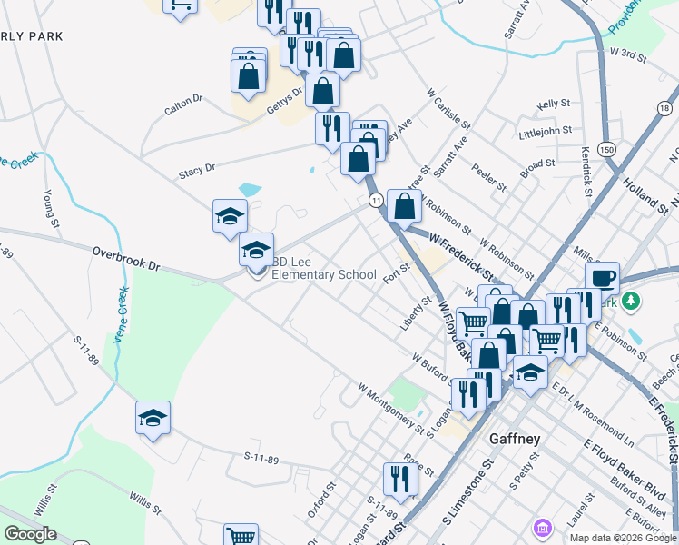 map of restaurants, bars, coffee shops, grocery stores, and more near 73 Poplar Street in Gaffney