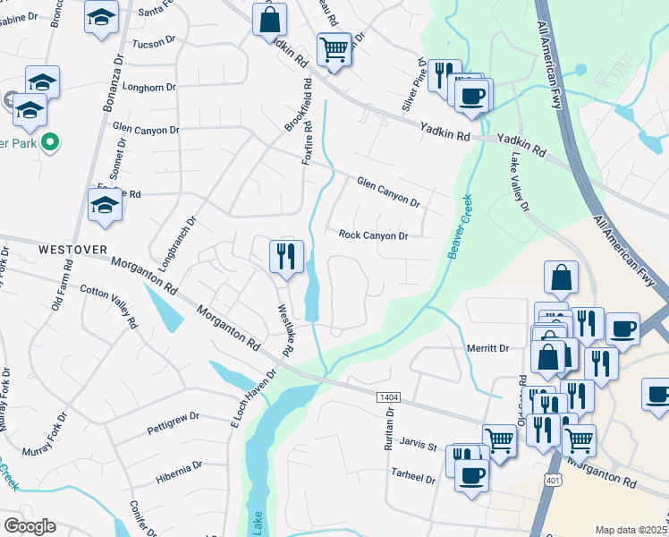 map of restaurants, bars, coffee shops, grocery stores, and more near 224 Waterdown Drive in Fayetteville
