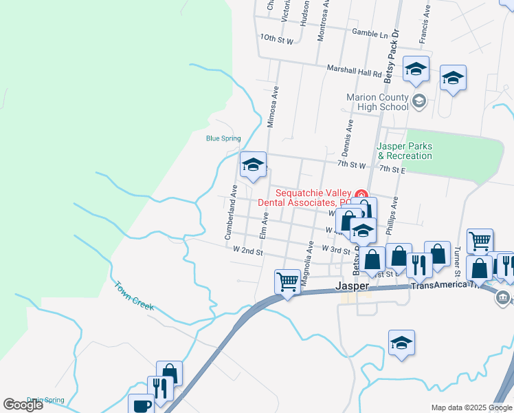 map of restaurants, bars, coffee shops, grocery stores, and more near 405 W 5th St in Jasper