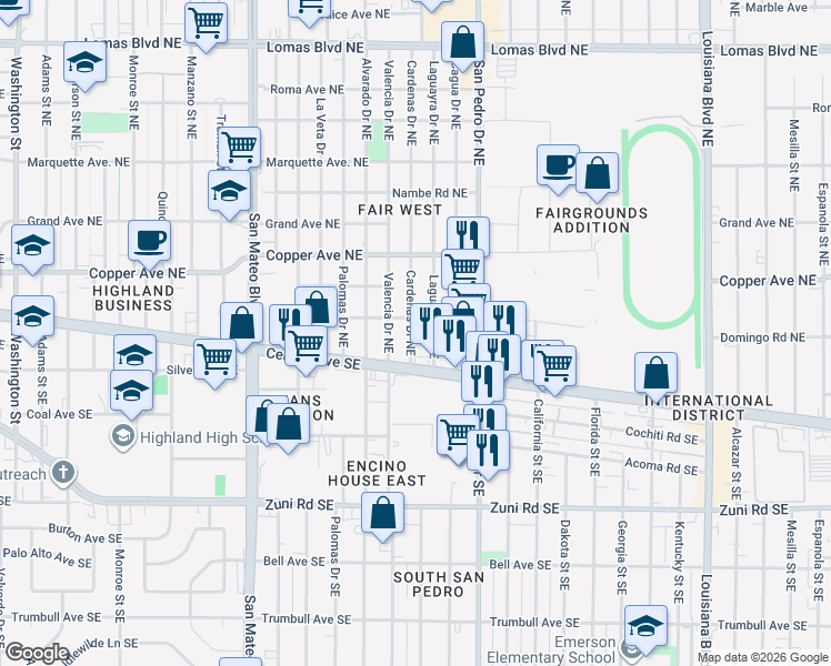 map of restaurants, bars, coffee shops, grocery stores, and more near 205 Laguayra Drive Northeast in Albuquerque
