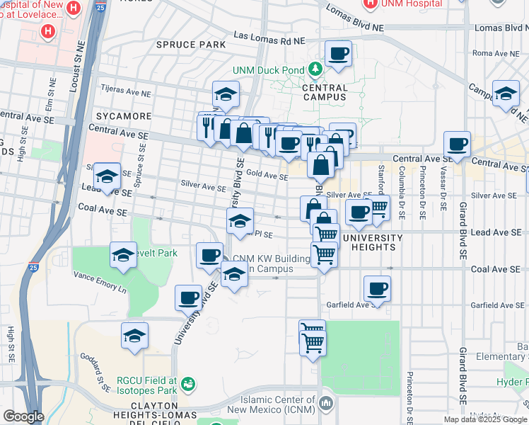 map of restaurants, bars, coffee shops, grocery stores, and more near 1917 Lead Avenue Southeast in Albuquerque