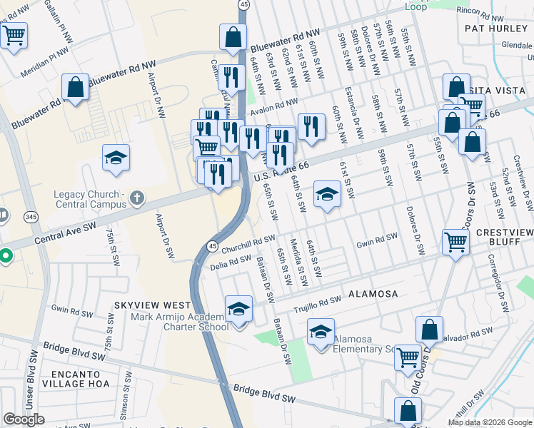 map of restaurants, bars, coffee shops, grocery stores, and more near 130 65th Street Northwest in Albuquerque