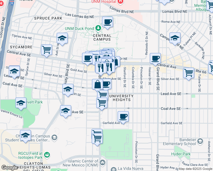 map of restaurants, bars, coffee shops, grocery stores, and more near 211 Harvard Drive Southeast in Albuquerque