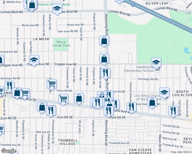map of restaurants, bars, coffee shops, grocery stores, and more near 319 Virginia Street Northeast in Albuquerque