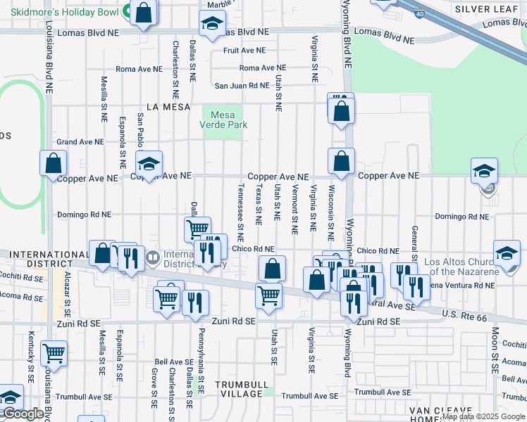 map of restaurants, bars, coffee shops, grocery stores, and more near 324 Texas Street Northeast in Albuquerque
