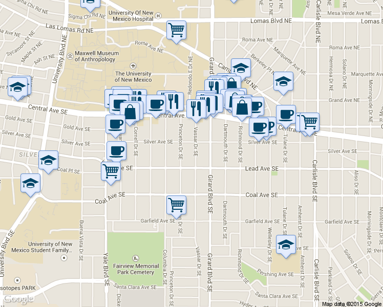 map of restaurants, bars, coffee shops, grocery stores, and more near 200 Princeton Drive Southeast in Albuquerque