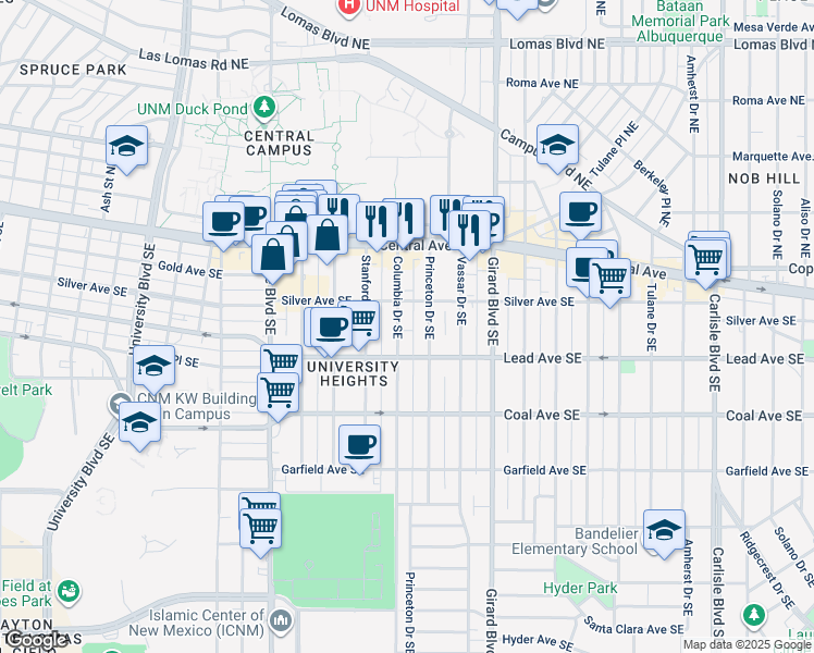 map of restaurants, bars, coffee shops, grocery stores, and more near 2602 Silver Avenue Southeast in Albuquerque