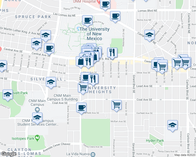 map of restaurants, bars, coffee shops, grocery stores, and more near in Albuquerque