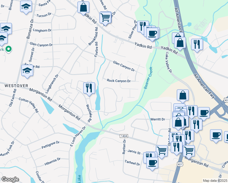 map of restaurants, bars, coffee shops, grocery stores, and more near 259 Waterdown Drive in Fayetteville