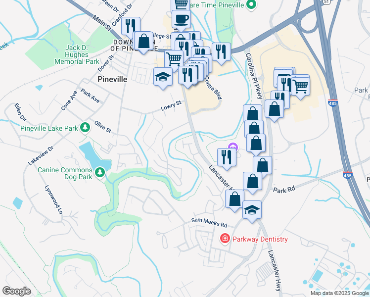 map of restaurants, bars, coffee shops, grocery stores, and more near 12504 Sabal Point Drive in Pineville