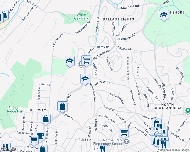 map of restaurants, bars, coffee shops, grocery stores, and more near 1311 Chestnut Lane in Chattanooga