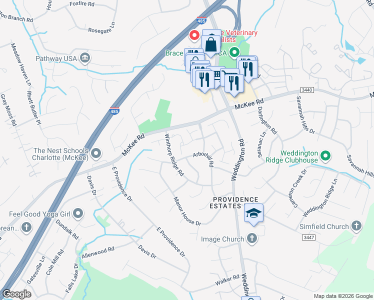 map of restaurants, bars, coffee shops, grocery stores, and more near 2723 Thornbush Court in Charlotte
