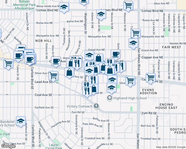 map of restaurants, bars, coffee shops, grocery stores, and more near 4401 Central Avenue Northeast in Albuquerque