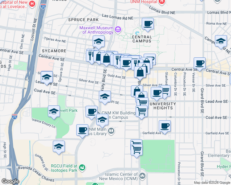 map of restaurants, bars, coffee shops, grocery stores, and more near 1915 Lead Avenue Southeast in Albuquerque