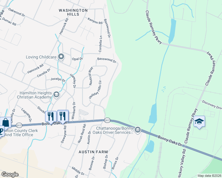 map of restaurants, bars, coffee shops, grocery stores, and more near 7730 Basswood Drive in Chattanooga