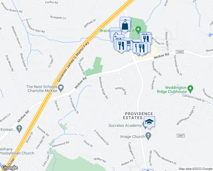 map of restaurants, bars, coffee shops, grocery stores, and more near 3031 Mannington Drive in Charlotte
