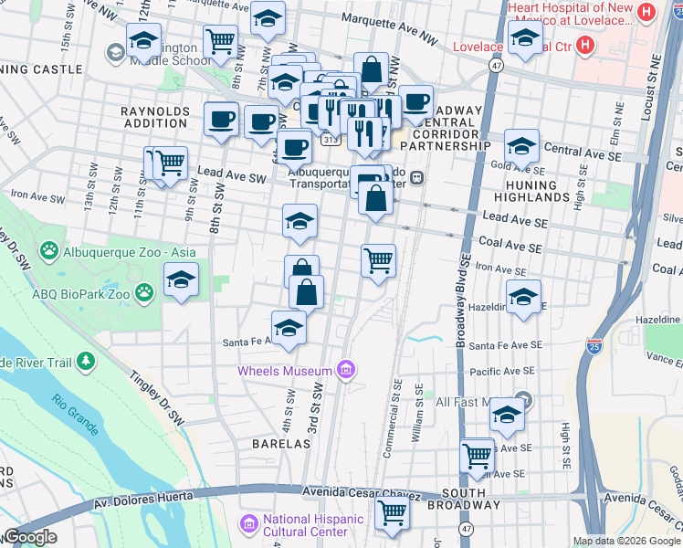 map of restaurants, bars, coffee shops, grocery stores, and more near 309 Stover Avenue Southwest in Albuquerque