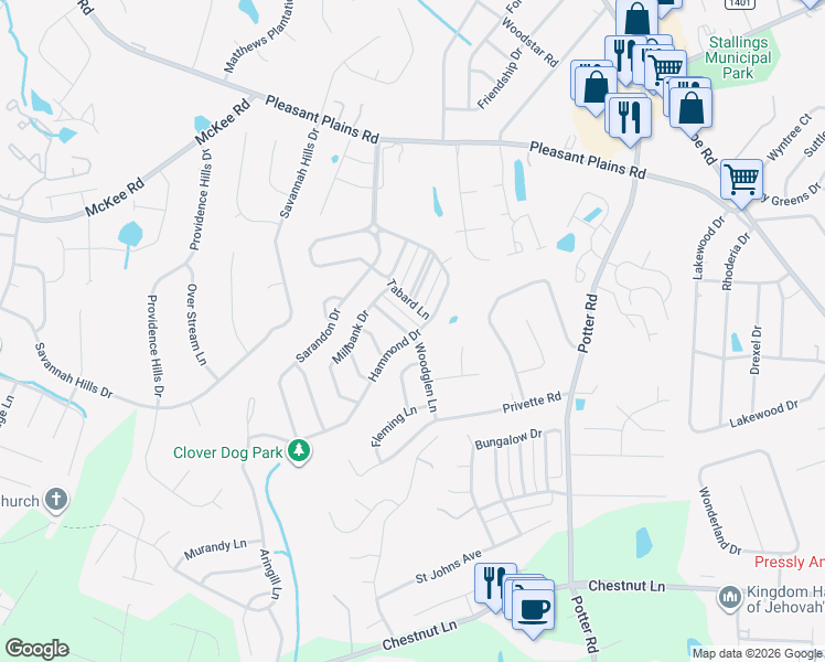 map of restaurants, bars, coffee shops, grocery stores, and more near 1029 Woodglen Lane in Stallings