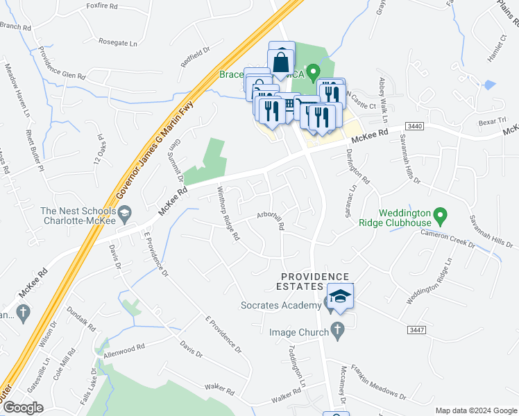 map of restaurants, bars, coffee shops, grocery stores, and more near 3252 Mannington Drive in Charlotte