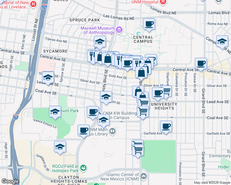 map of restaurants, bars, coffee shops, grocery stores, and more near 1911 Lead Avenue Southeast in Albuquerque