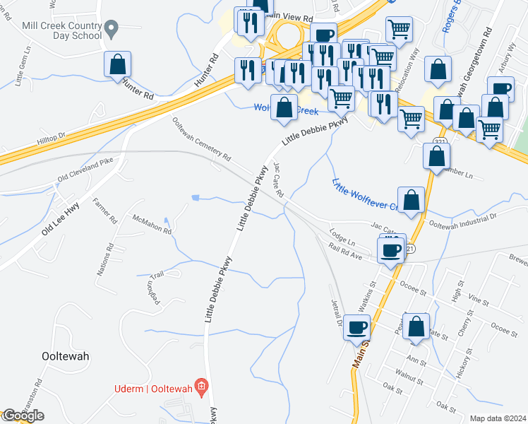 map of restaurants, bars, coffee shops, grocery stores, and more near 5330 Little Debbie Parkway in Ooltewah